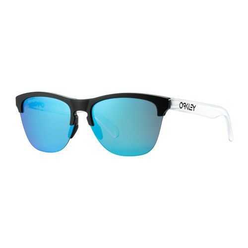 rounded Oakley sunglasses with blue lenses and black and clear frames